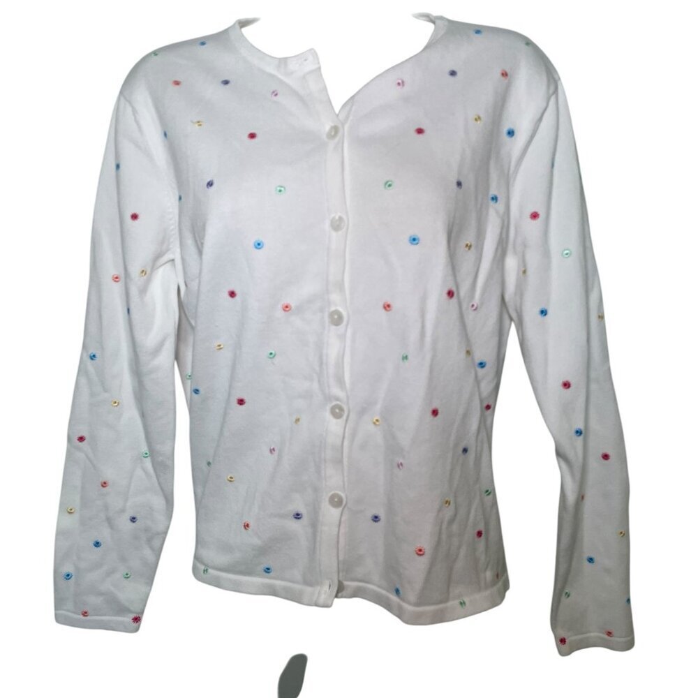 Talbots Vintage White Floral Embroidered Cardigan Sweater Size Medium - Picture 4 of 7